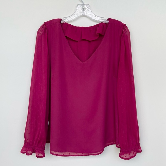 J. Crew Ruffle Blouse Shimmery Clip-Dots V-Neck Long Sleeve Elastic Cuff lined - Picture 4 of 8